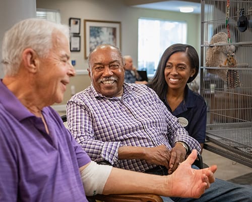 Two residents engaging with caregiver